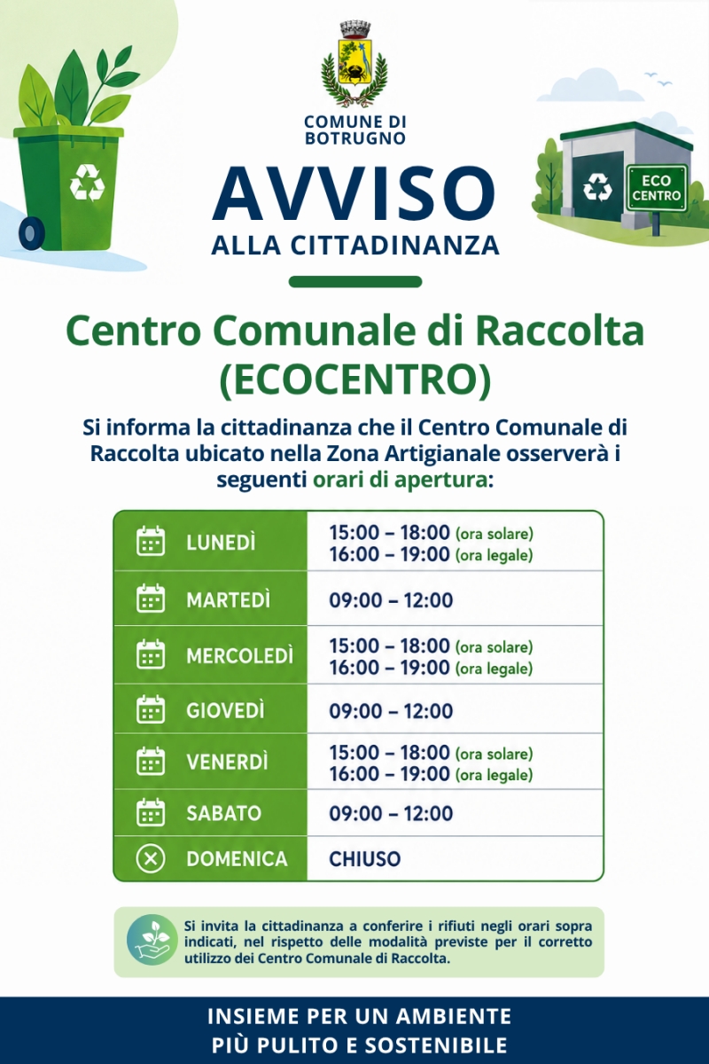 Centro Comunale di Raccolta (Ecocentro): orari di apertura
